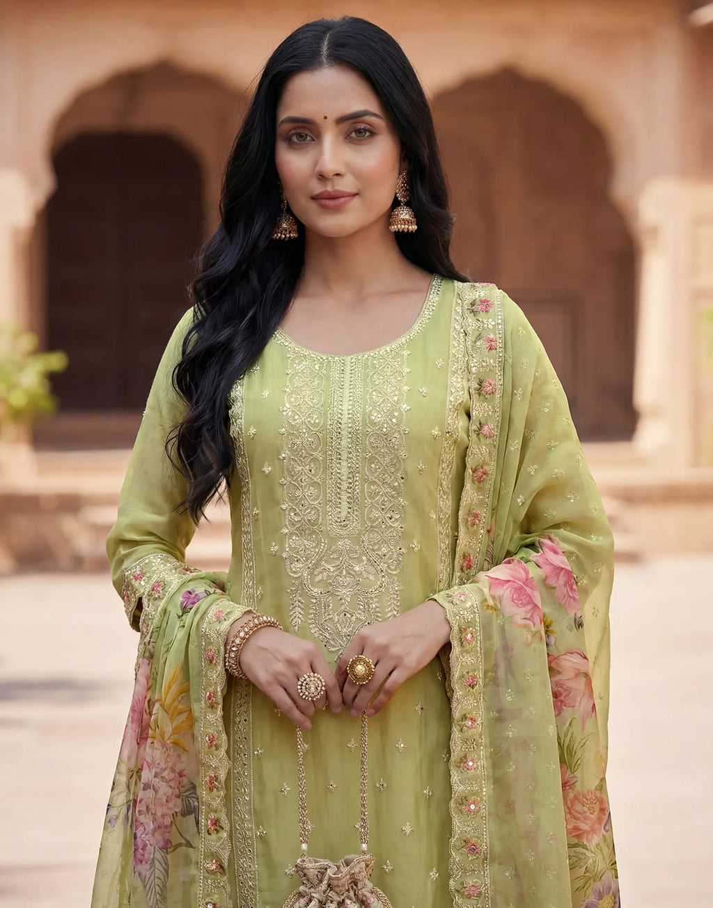 Tea Green Round Neck Embroidered Straight 3 Piece Kurta Set with Dupatta