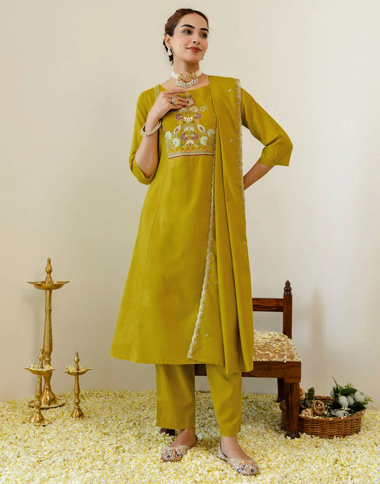 Moss Green Round Neck Thread Zari Sequence Embroidery A-Line 3 Piece Kurta Set With Dupatta