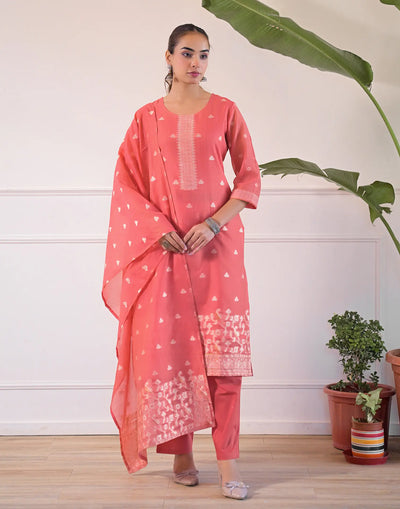 Sugar Coral Pink Round Neck Weaving Straight 3 Piece Kurta Set With Dupatta