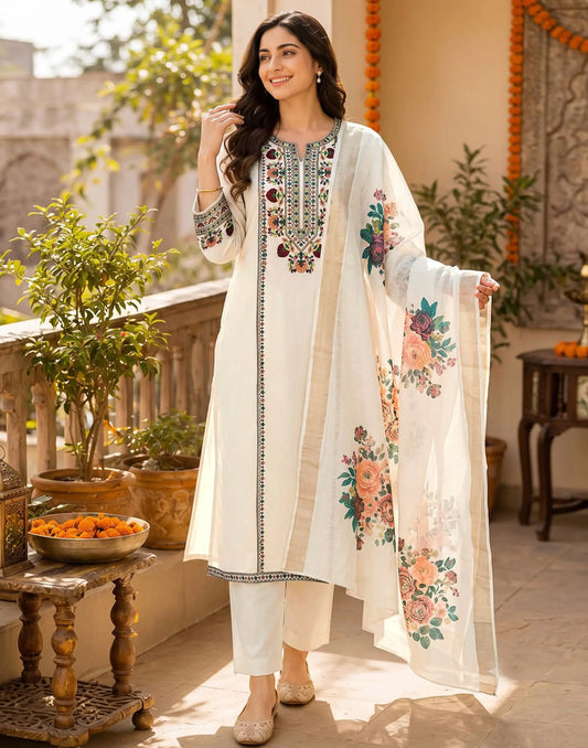 Cotton Flex Embroidered Straight 3 Piece Kurta Set