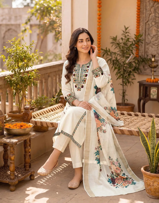 Cotton Flex Embroidered Straight 3 Piece Kurta Set