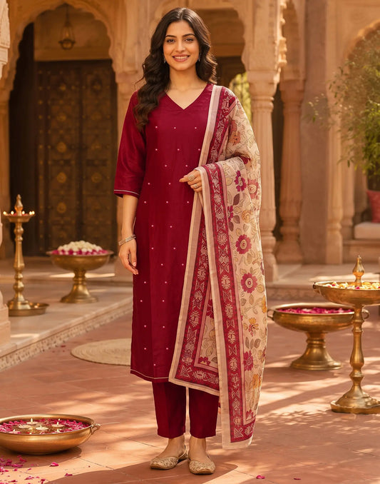 Silk Blend Sequins Straight 3 Piece Kurta Set With Dupatta