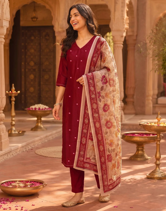 Silk Blend Sequins Straight 3 Piece Kurta Set With Dupatta
