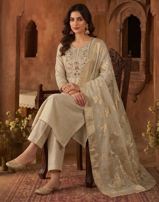 Chanderi Embroidered Straight 3-Piece Kurta Set with Dupatta