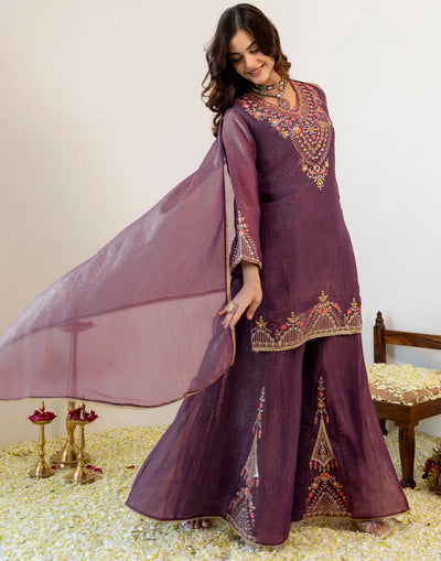 Mauve Purple V-Neck Floral Embroidered Sharara 3 Piece Kurta Set With Dupatta