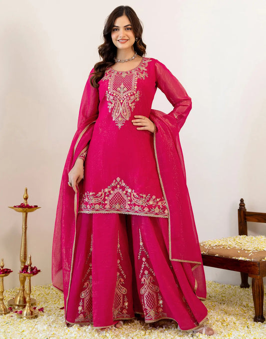 Fuchsia Pink Round Neck Floral Embroidered Sharara 3 Piece Kurta Set With Dupatta