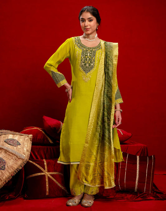 Chanderi Embroidered Straight 3-Piece Kurta Set with Dupatta