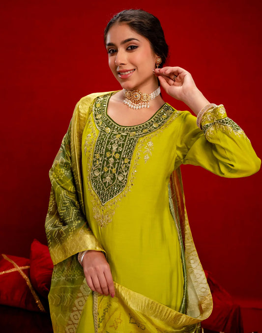 Chanderi Embroidered Straight 3-Piece Kurta Set with Dupatta