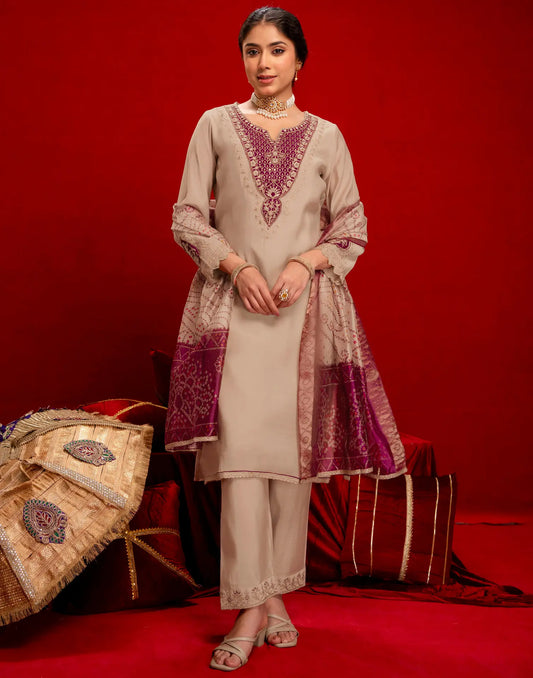 Beige Notched Round Neck Zari Embroidered Straight 3-Piece Kurta Set with Bandhani Dupatta