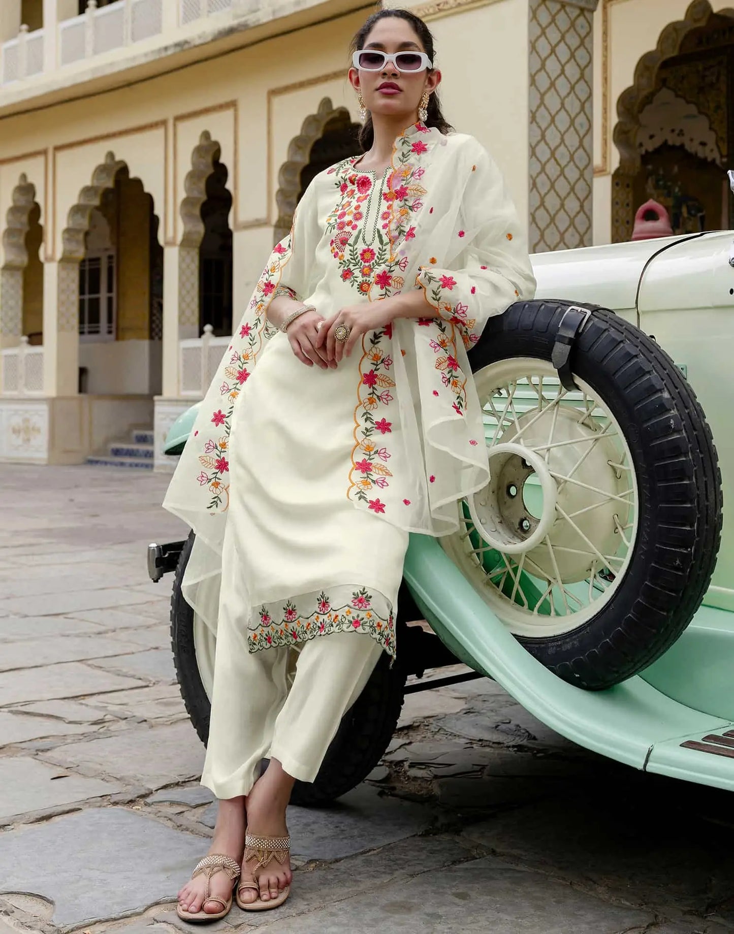 Beige Silk Blend Embroidered and Sequins Work Straight Kurta Set with Pant & Dupatta for Women