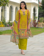 Skylee Net Printed Straight 3 Piece Kurta Set For Woman