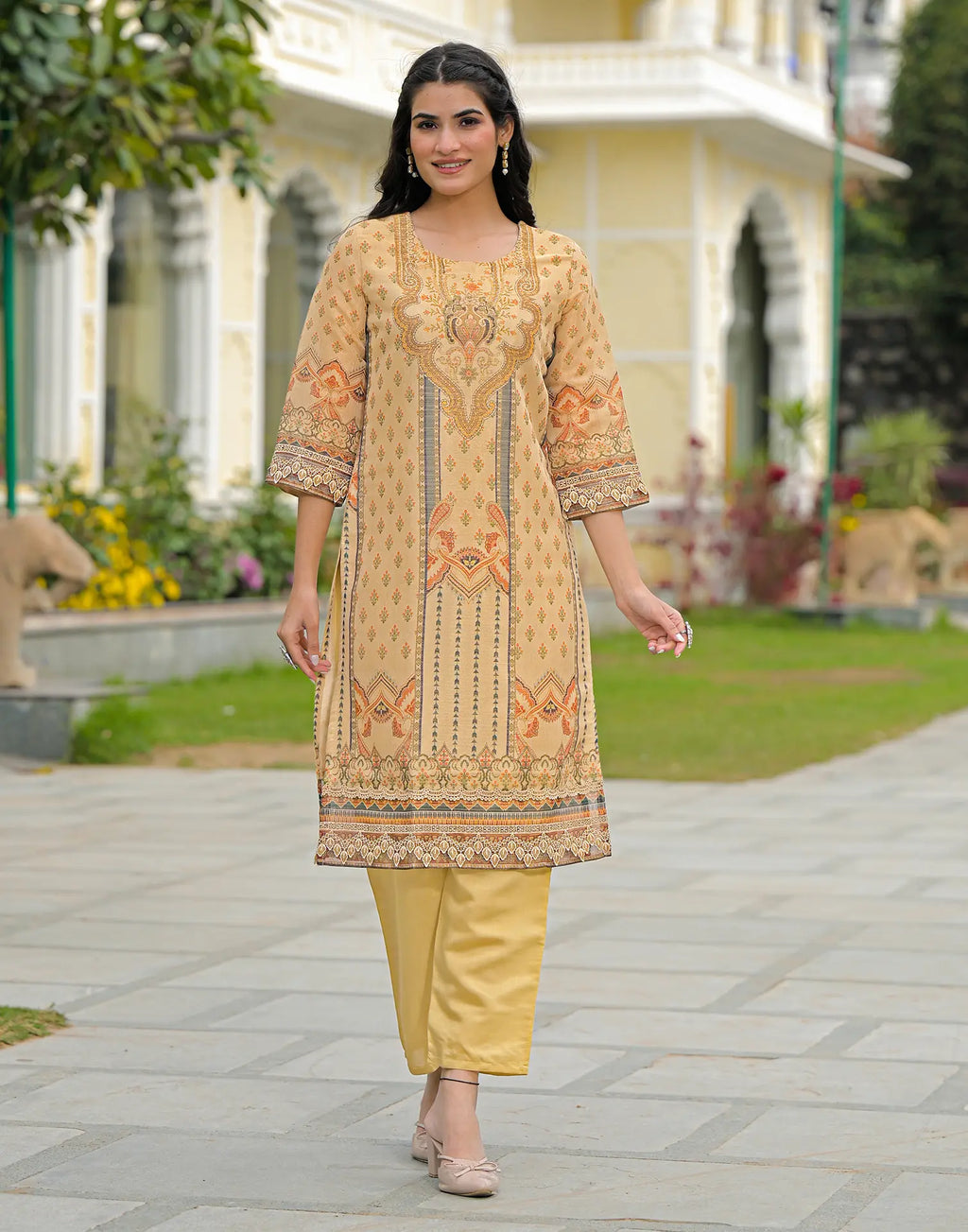 Skylee Net Printed Straight 3 Piece Kurta Set For Woman