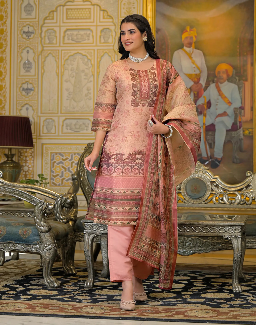 Skylee Net Printed Straight 3 Piece Kurta Set For Woman