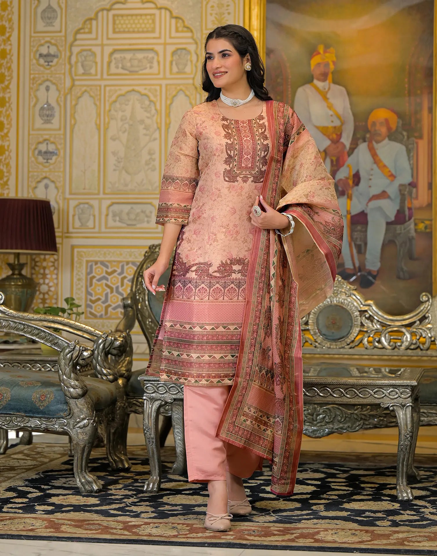 Skylee Net Printed Straight 3 Piece Kurta Set For Woman