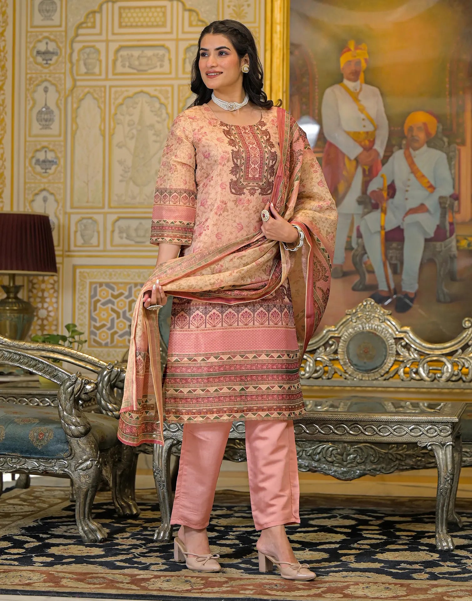 Skylee Net Printed Straight 3 Piece Kurta Set For Woman