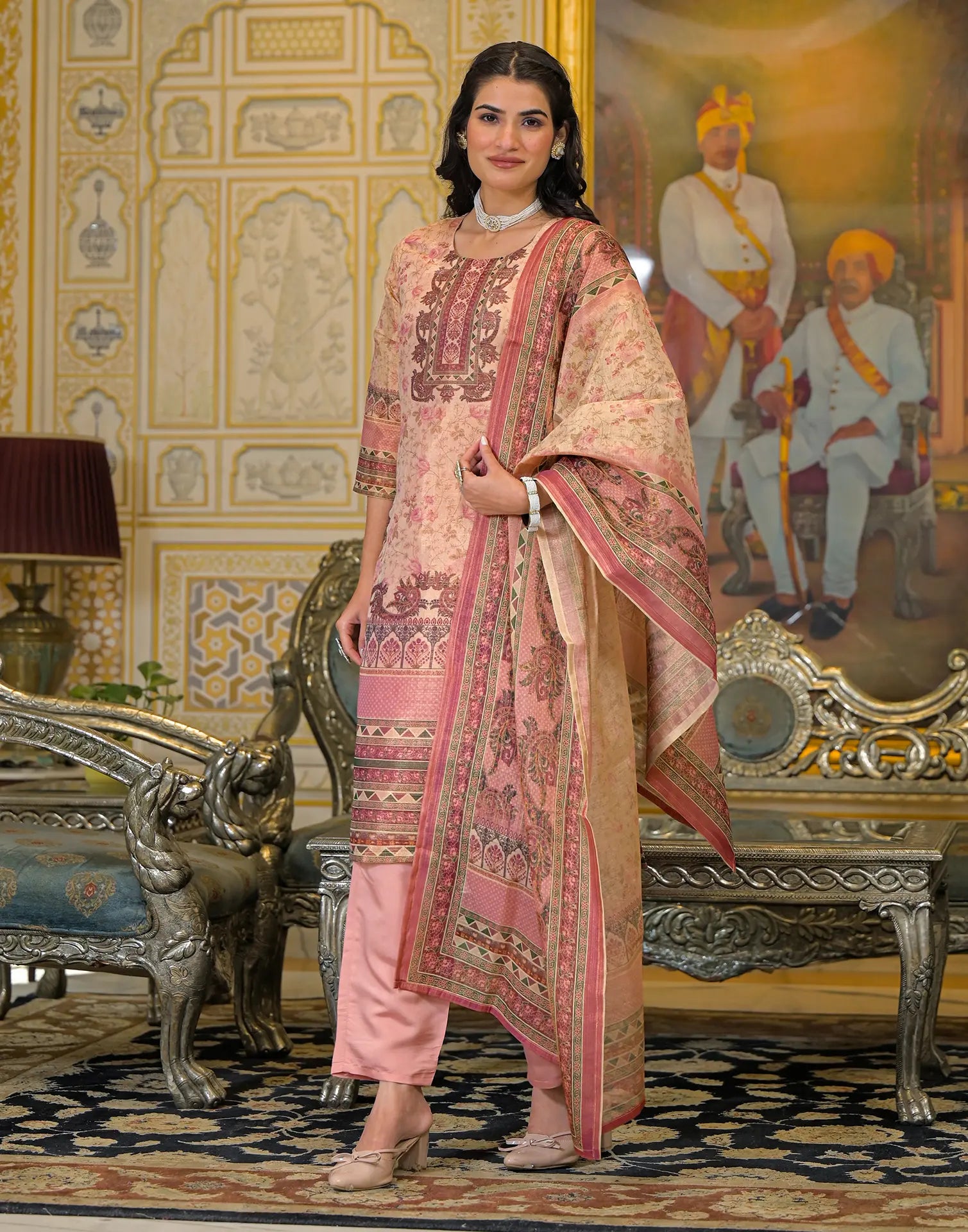 Skylee Net Printed Straight 3 Piece Kurta Set For Woman