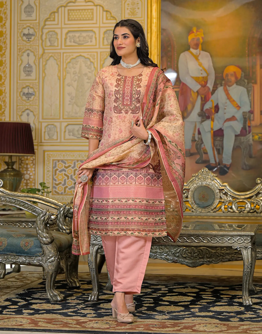 Skylee Net Printed Straight 3 Piece Kurta Set For Woman