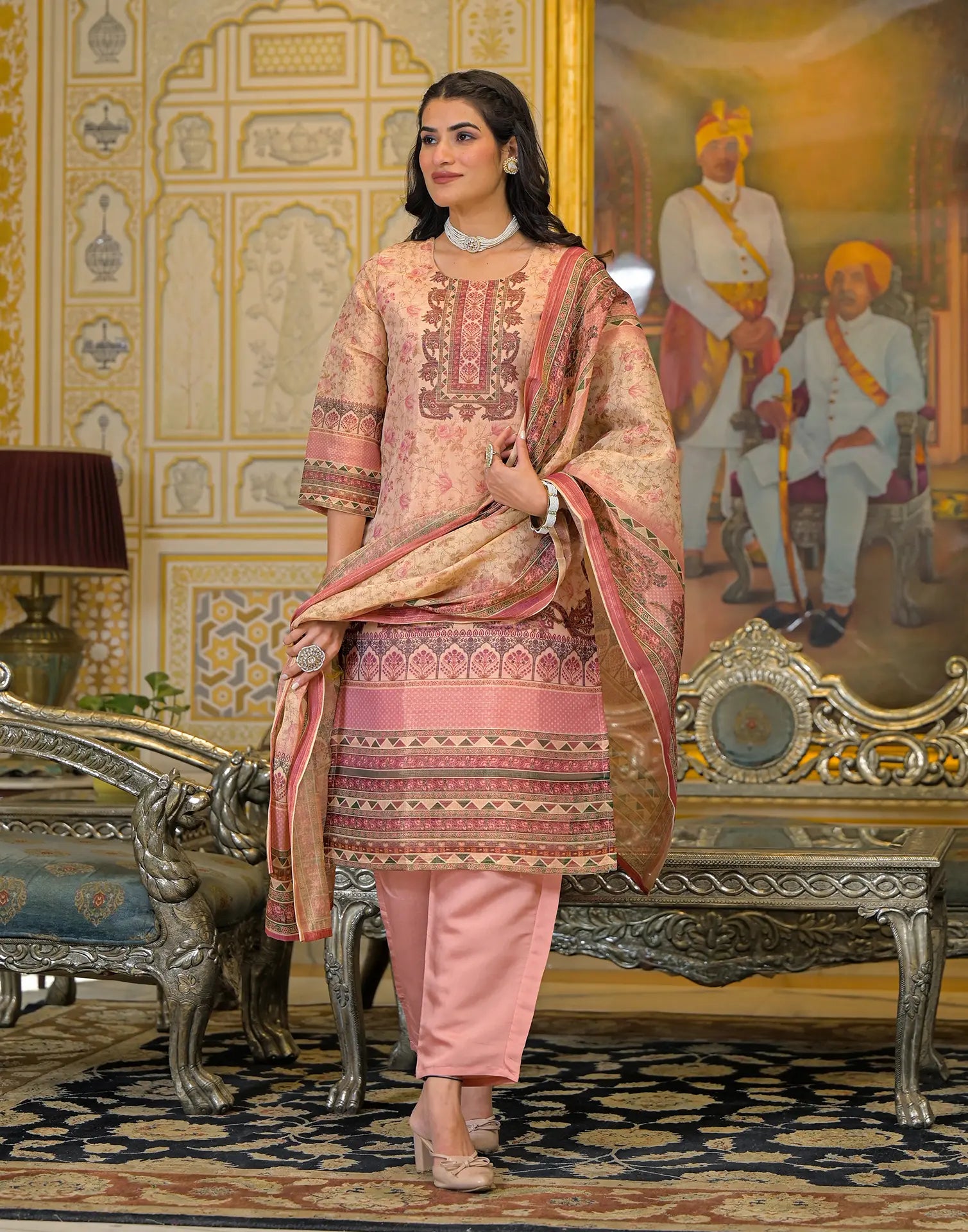 Skylee Net Printed Straight 3 Piece Kurta Set For Woman