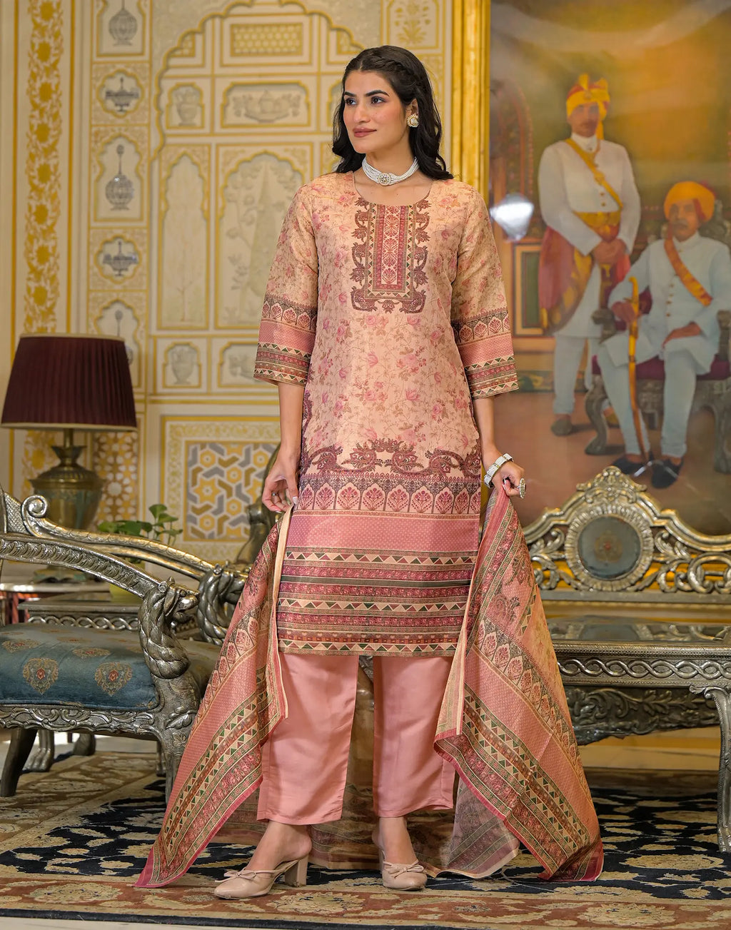 Skylee Net Printed Straight 3 Piece Kurta Set For Woman