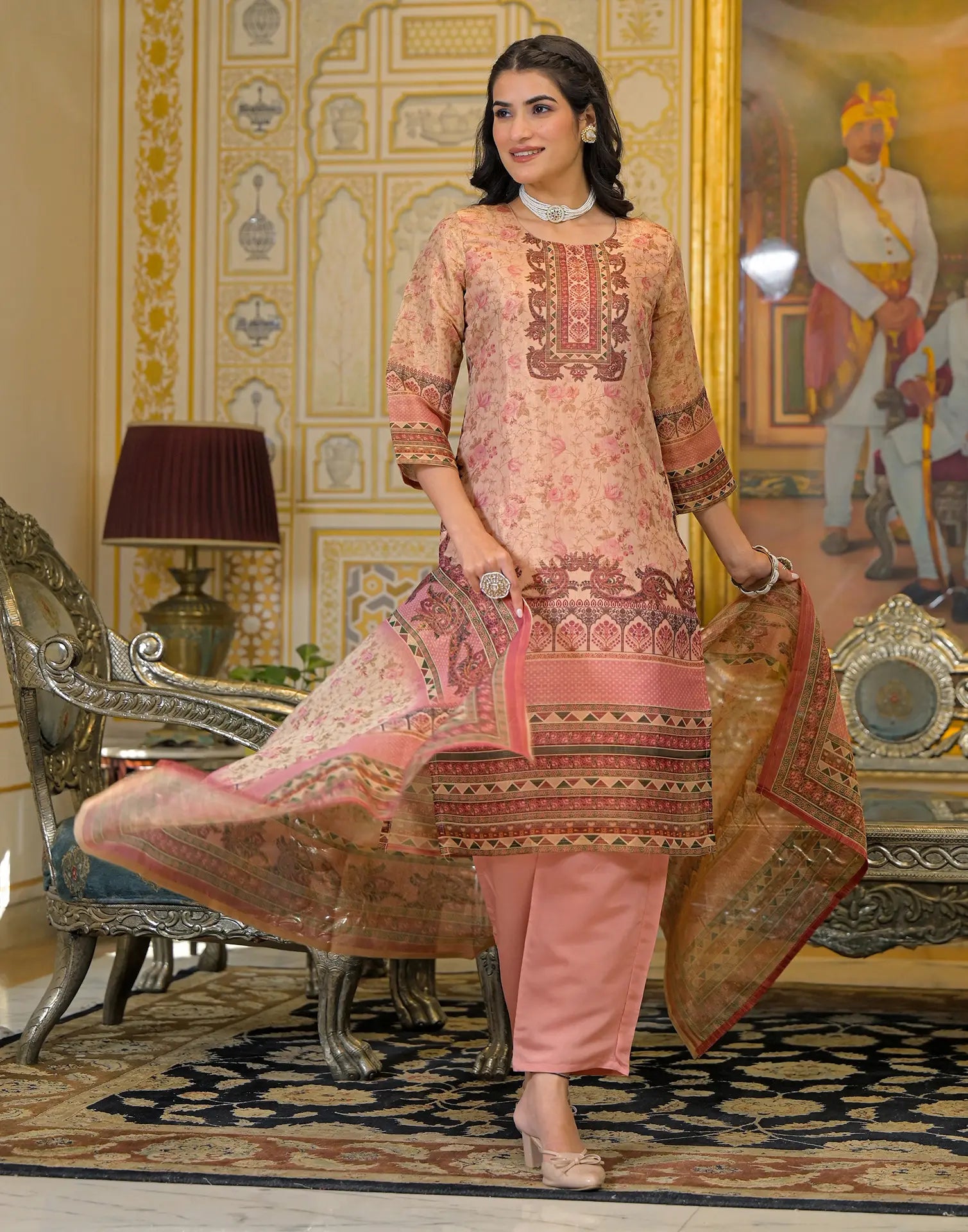 Skylee Net Printed Straight 3 Piece Kurta Set For Woman