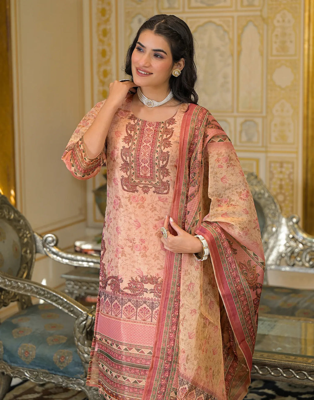 Skylee Net Printed Straight 3 Piece Kurta Set For Woman