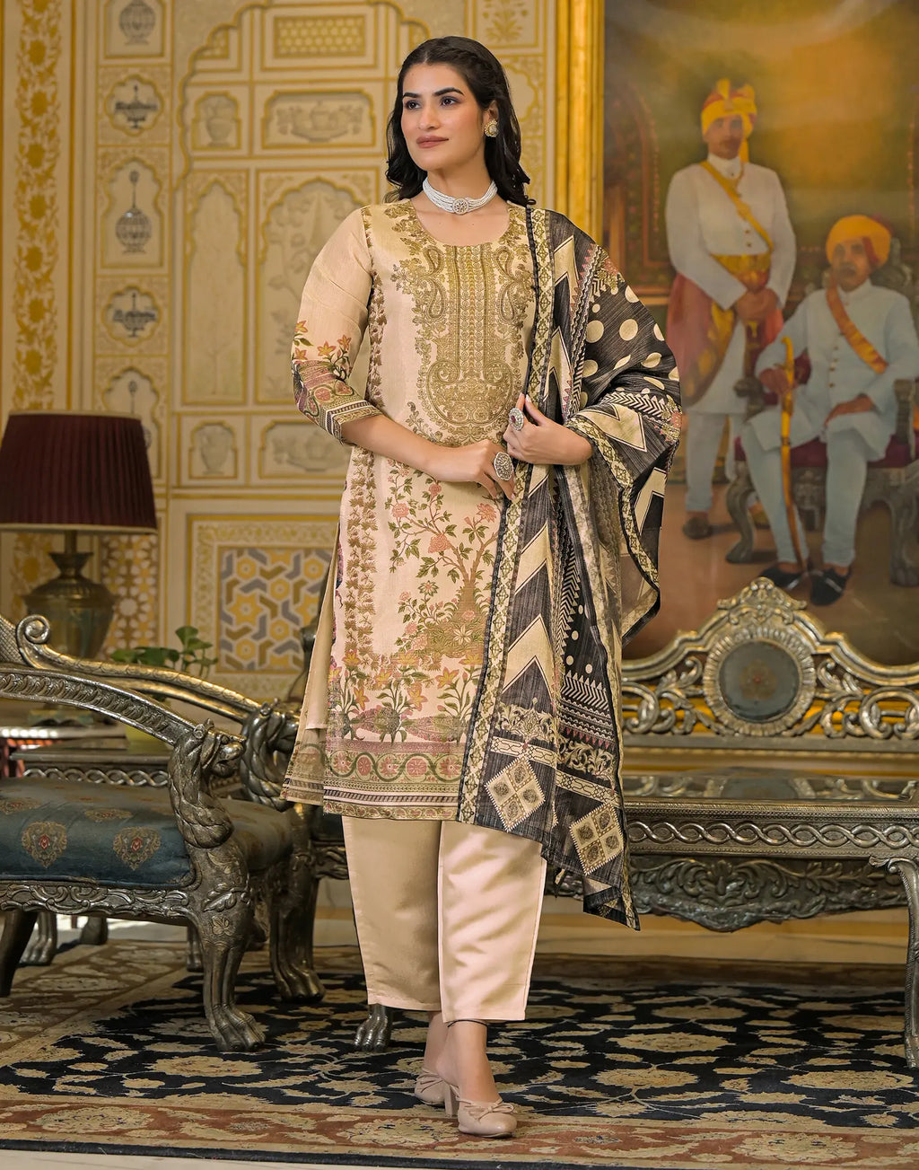 Skylee Net Printed Straight 3 Piece Kurta Set For Woman