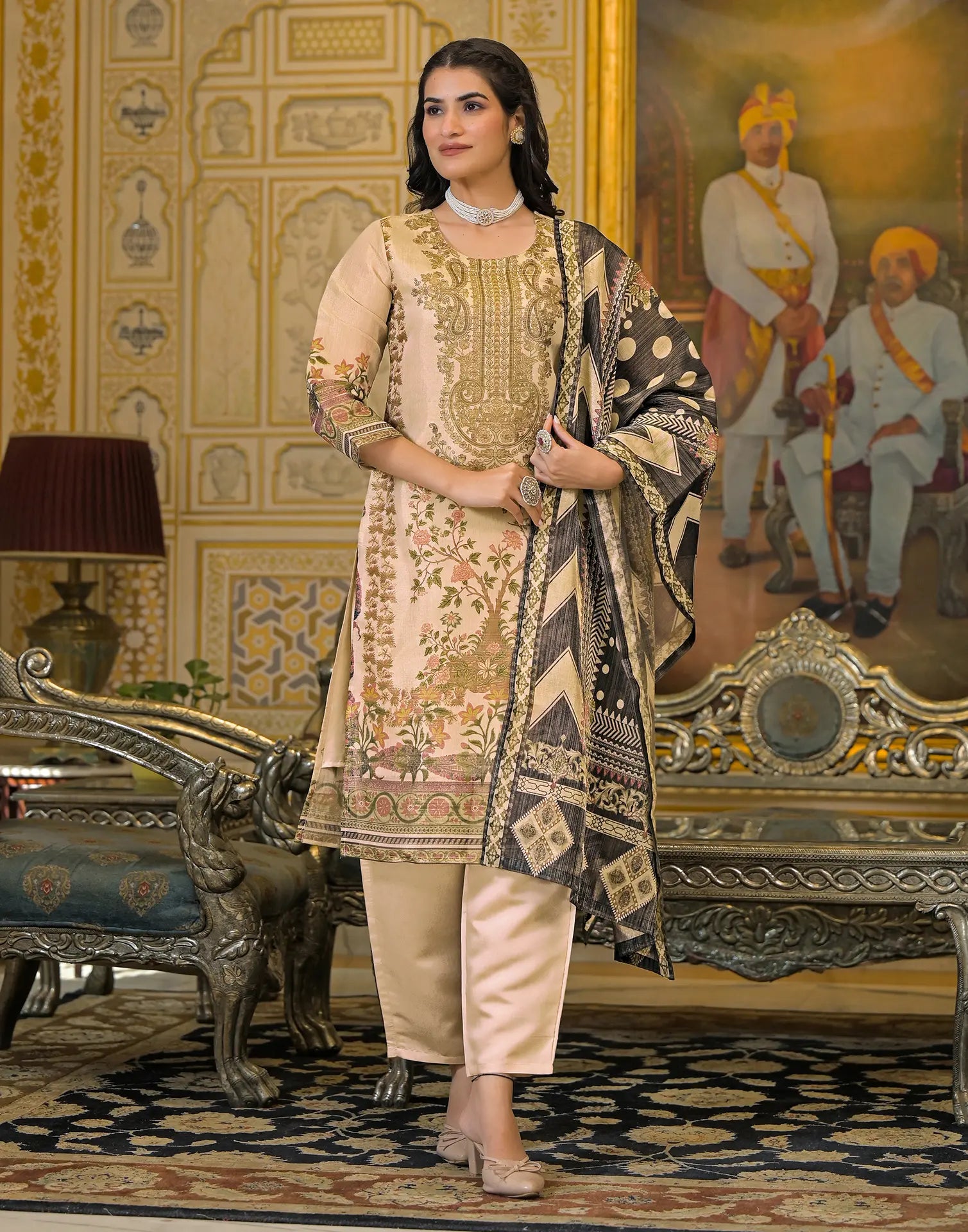 Skylee Net Printed Straight 3 Piece Kurta Set For Woman