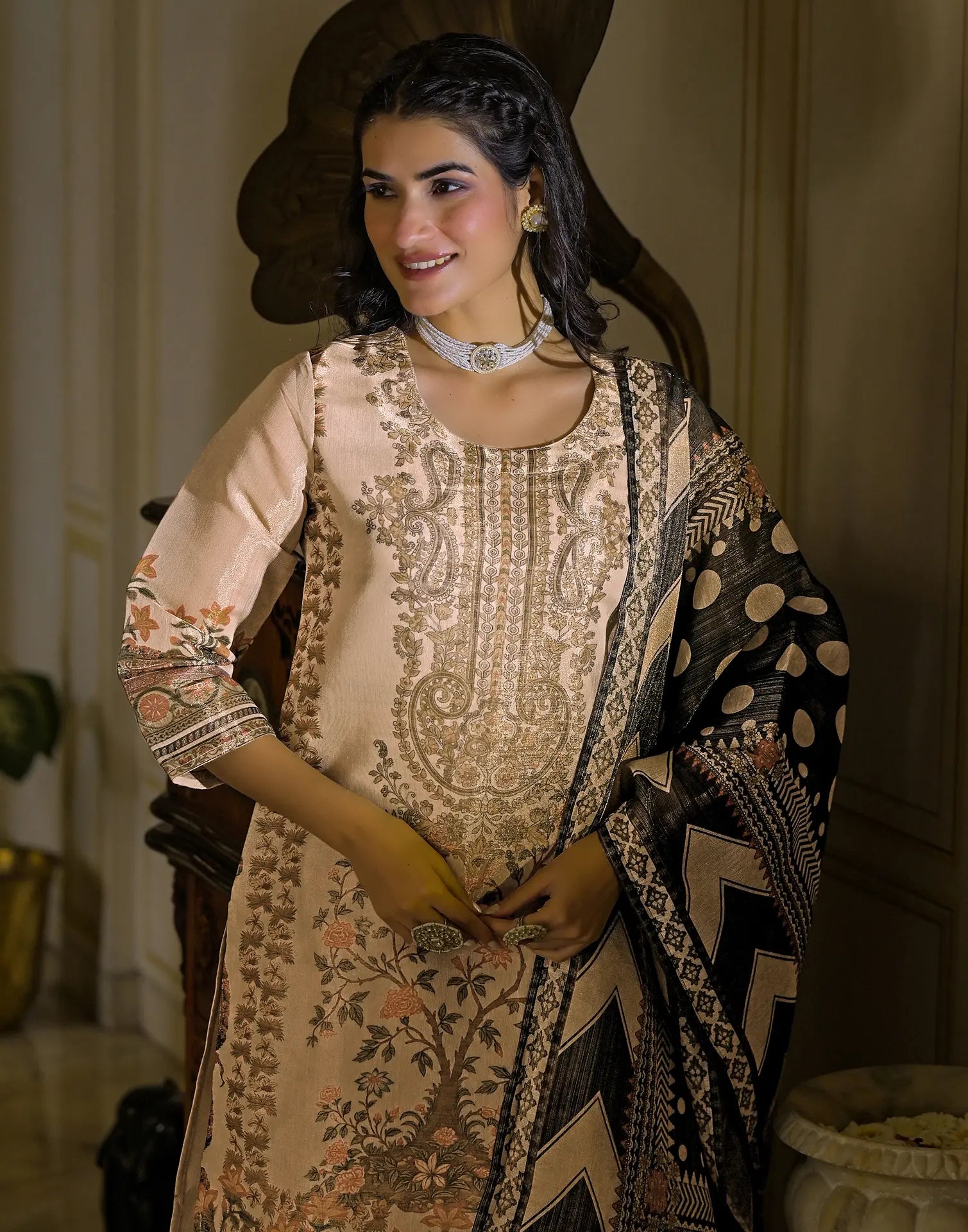 Skylee Net Printed Straight 3 Piece Kurta Set For Woman
