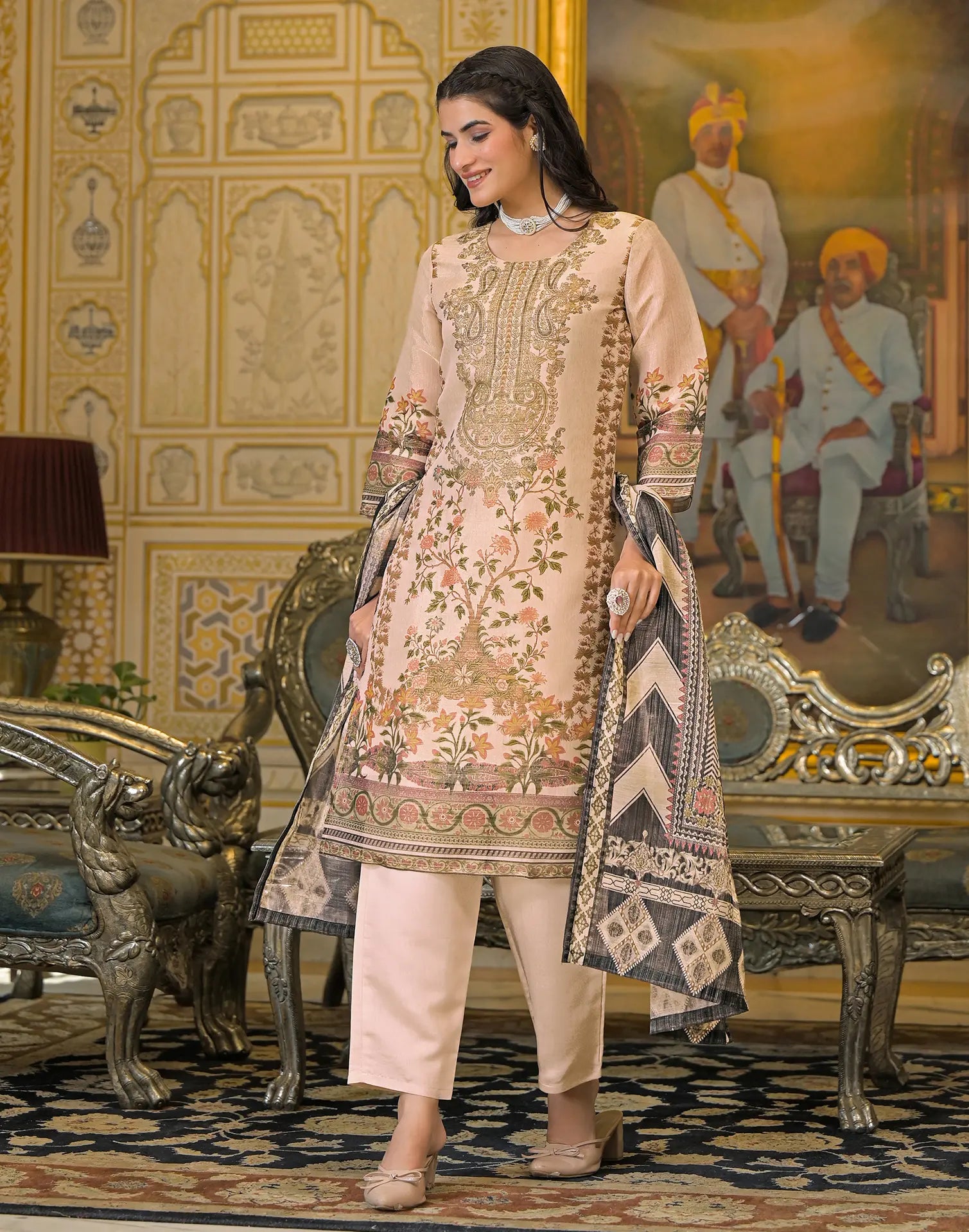 Skylee Net Printed Straight 3 Piece Kurta Set For Woman