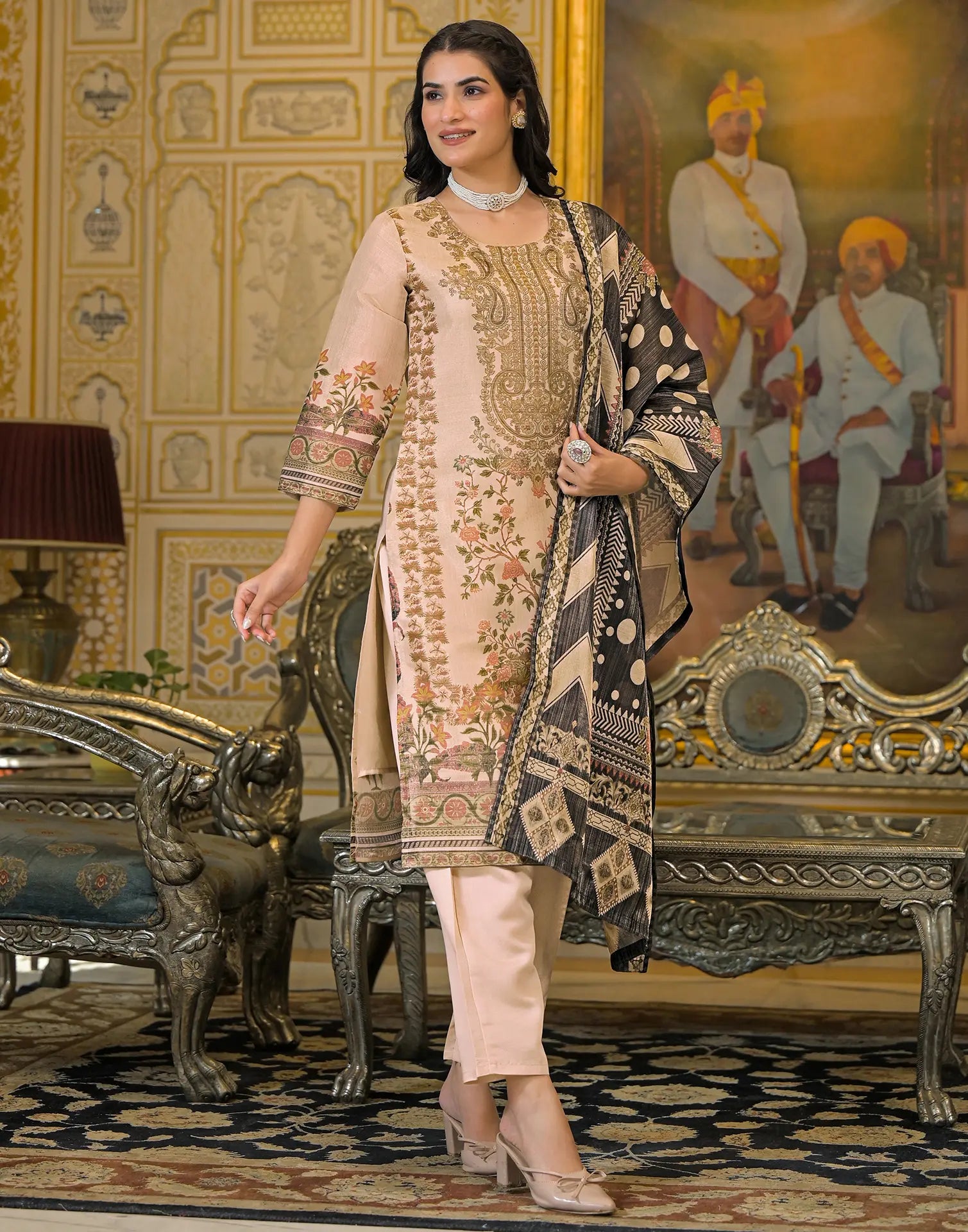Skylee Net Printed Straight 3 Piece Kurta Set For Woman