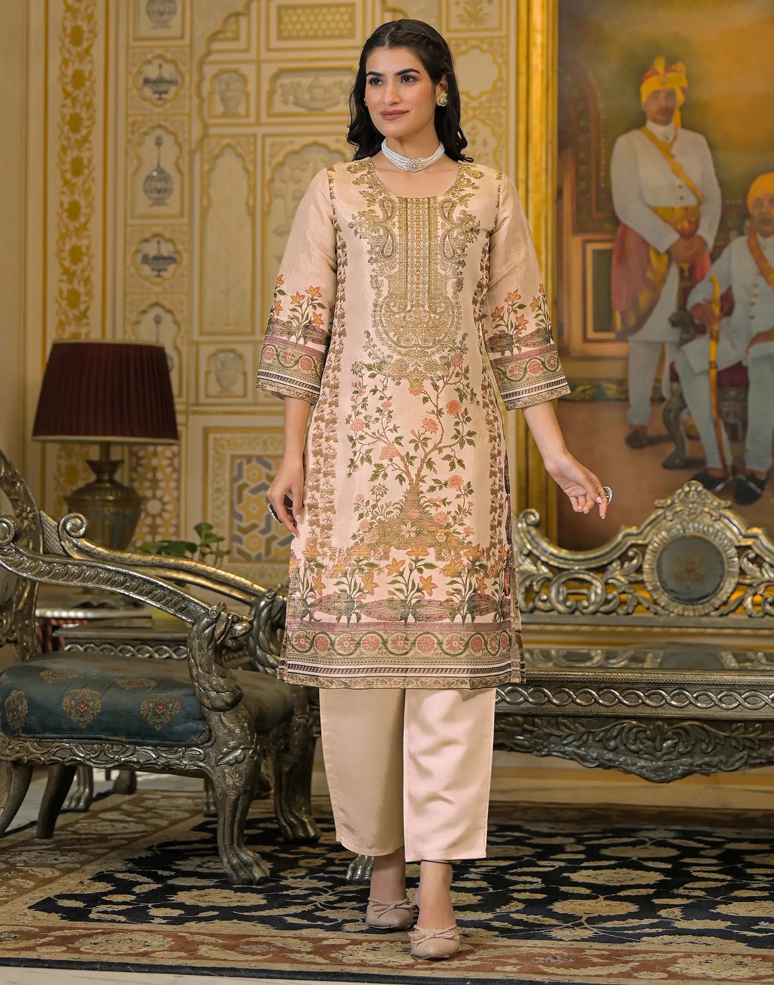 Skylee Net Printed Straight 3 Piece Kurta Set For Woman