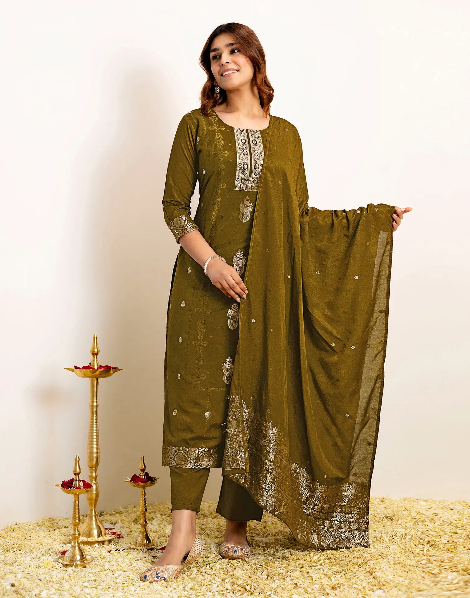 Silk Woven Straight 3 Piece Kurta Set