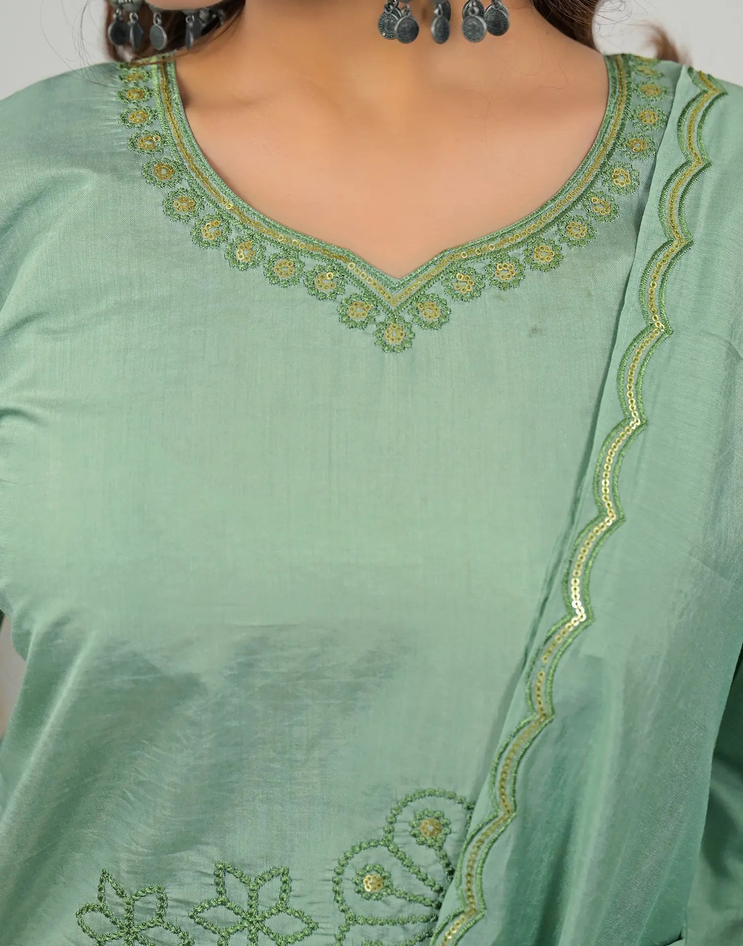 Silk Sequins Work Straight 3 Piece Kurta Set