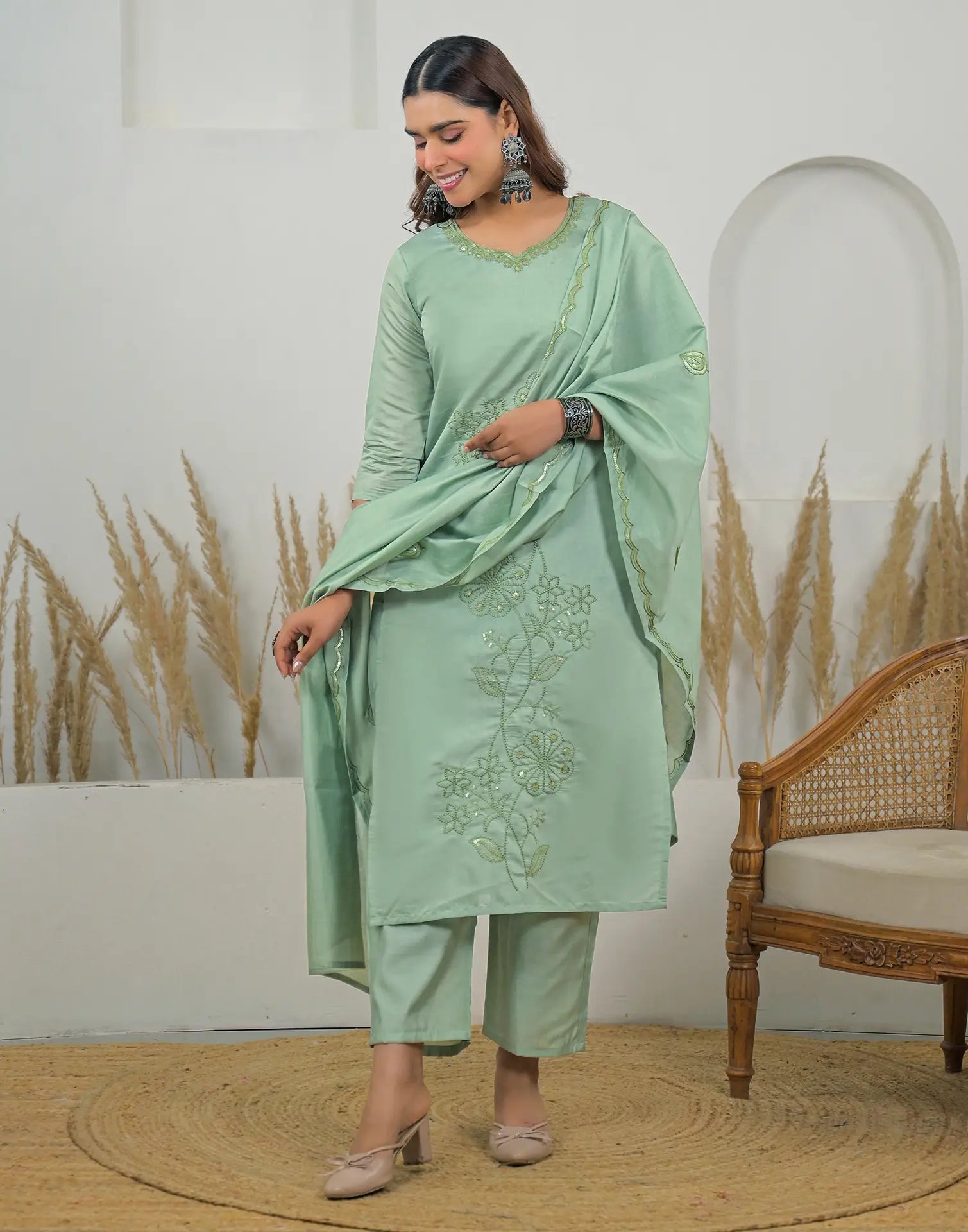 Silk Sequins Work Straight 3 Piece Kurta Set
