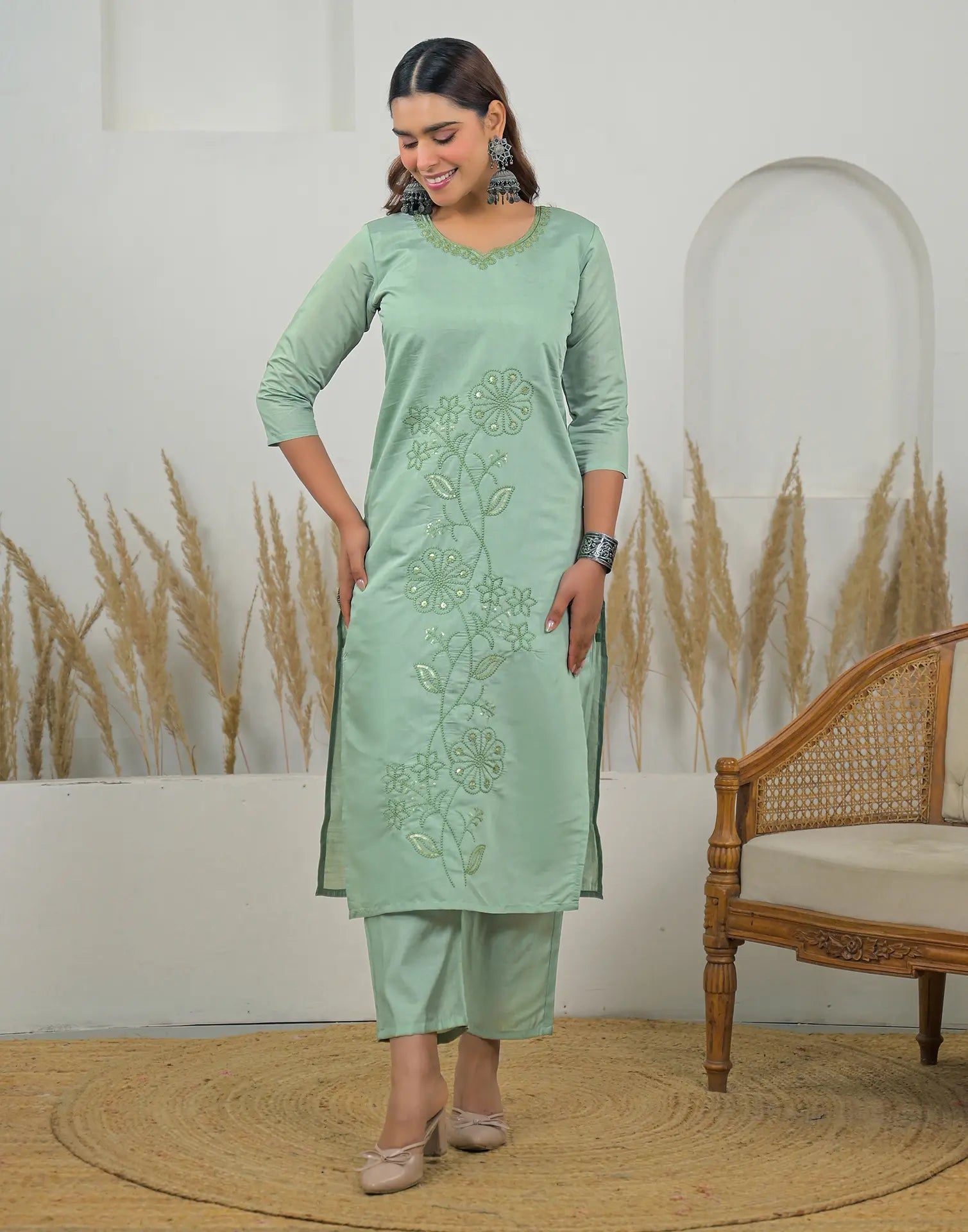 Silk Sequins Work Straight 3 Piece Kurta Set