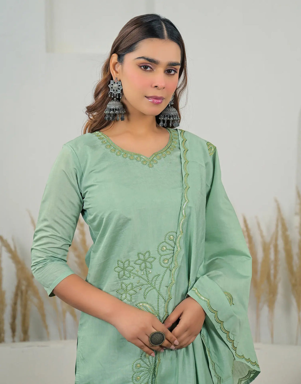 Silk Sequins Work Straight 3 Piece Kurta Set