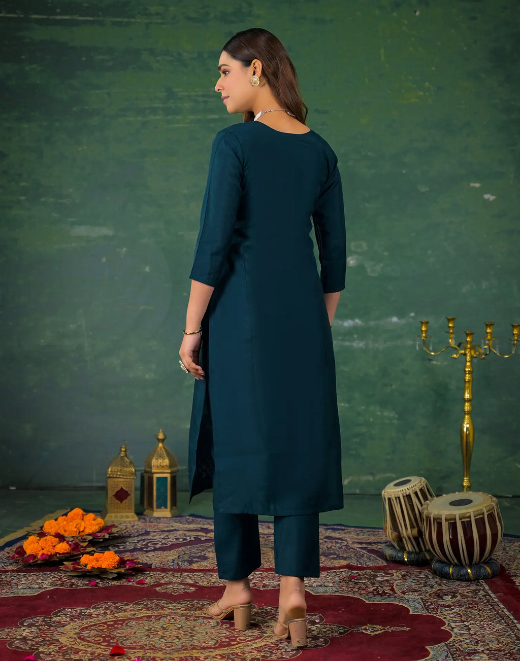 Silk Sequins Work Straight 3 Piece Kurta Set