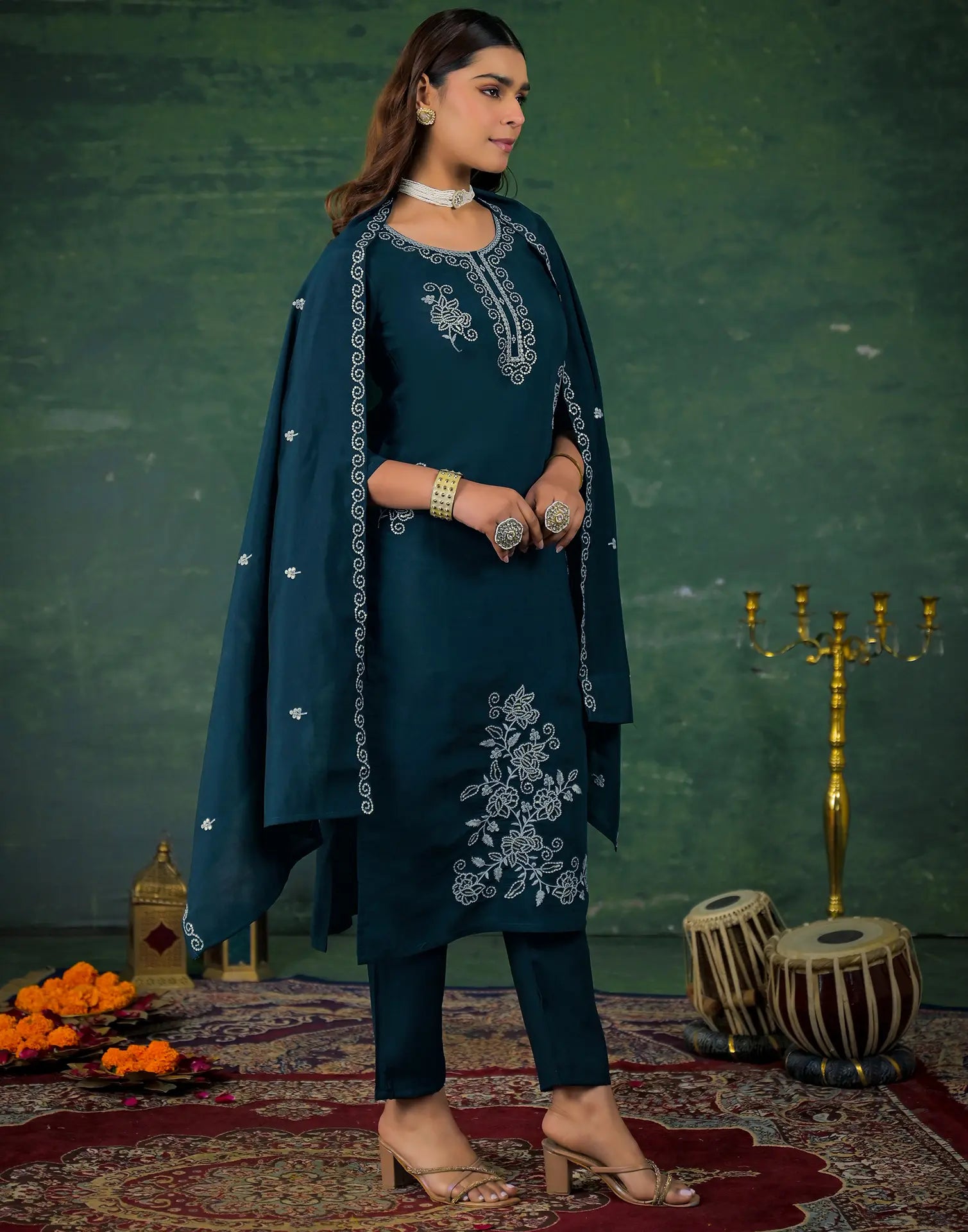 Silk Sequins Work Straight 3 Piece Kurta Set