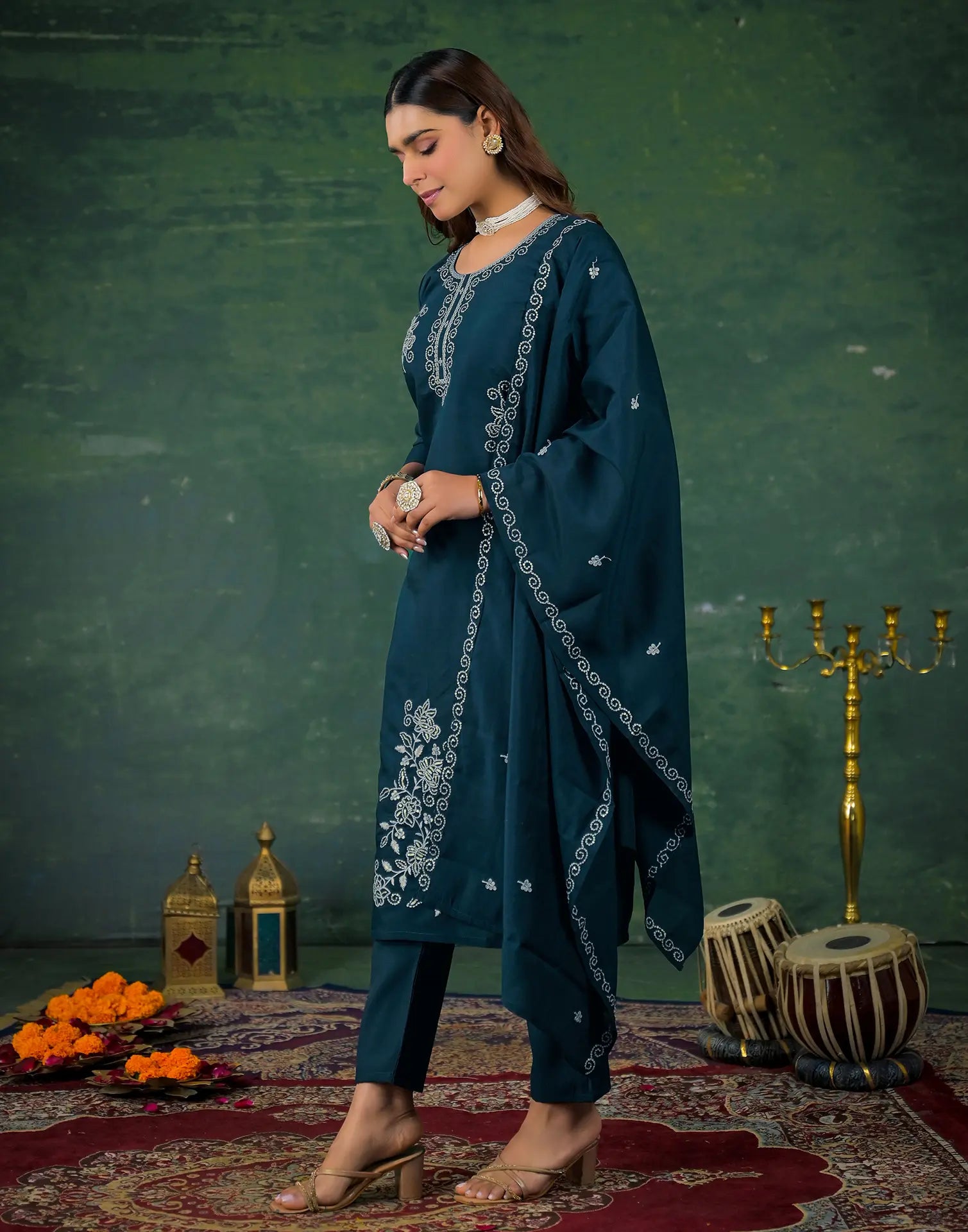 Silk Sequins Work Straight 3 Piece Kurta Set