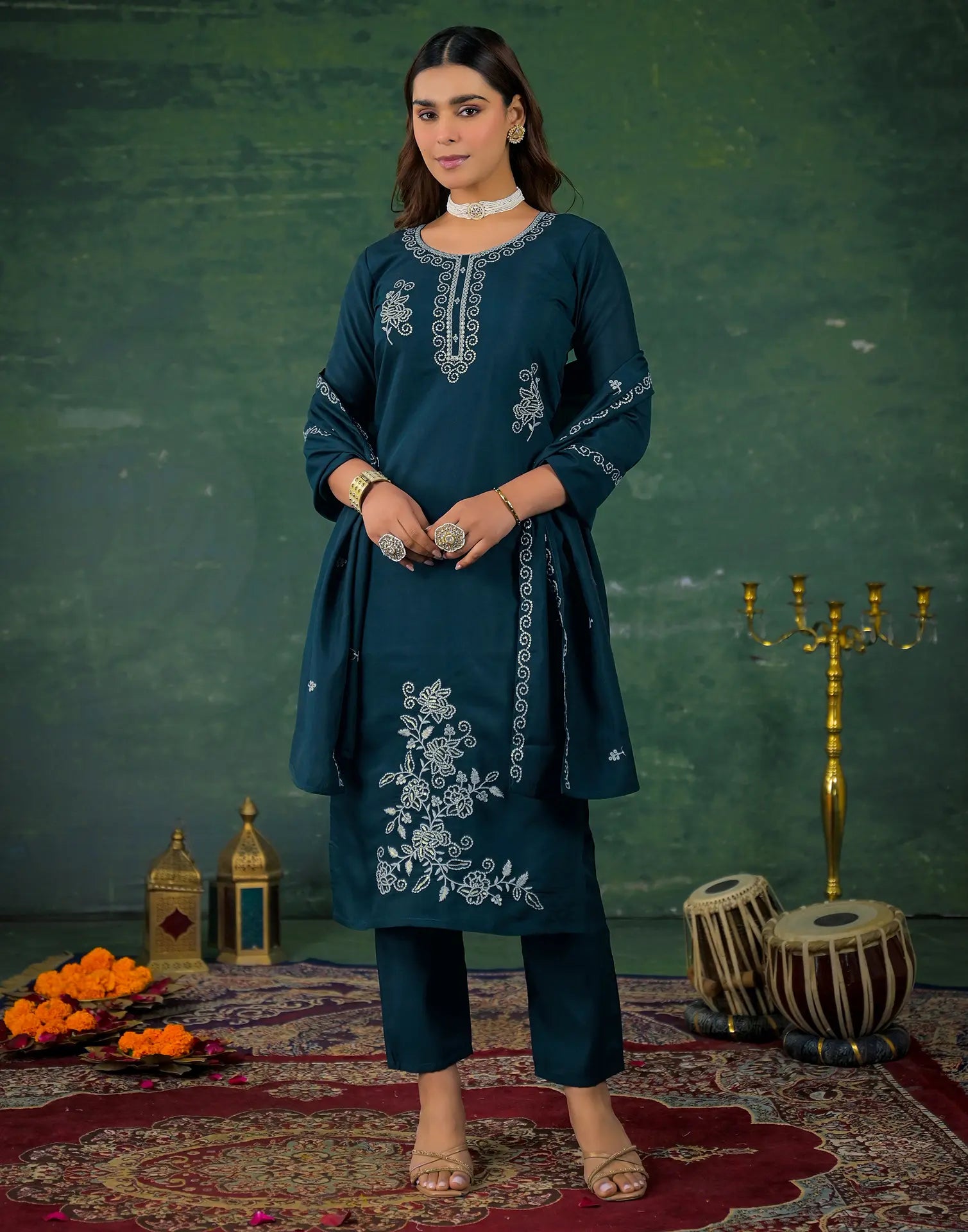 Silk Sequins Work Straight 3 Piece Kurta Set