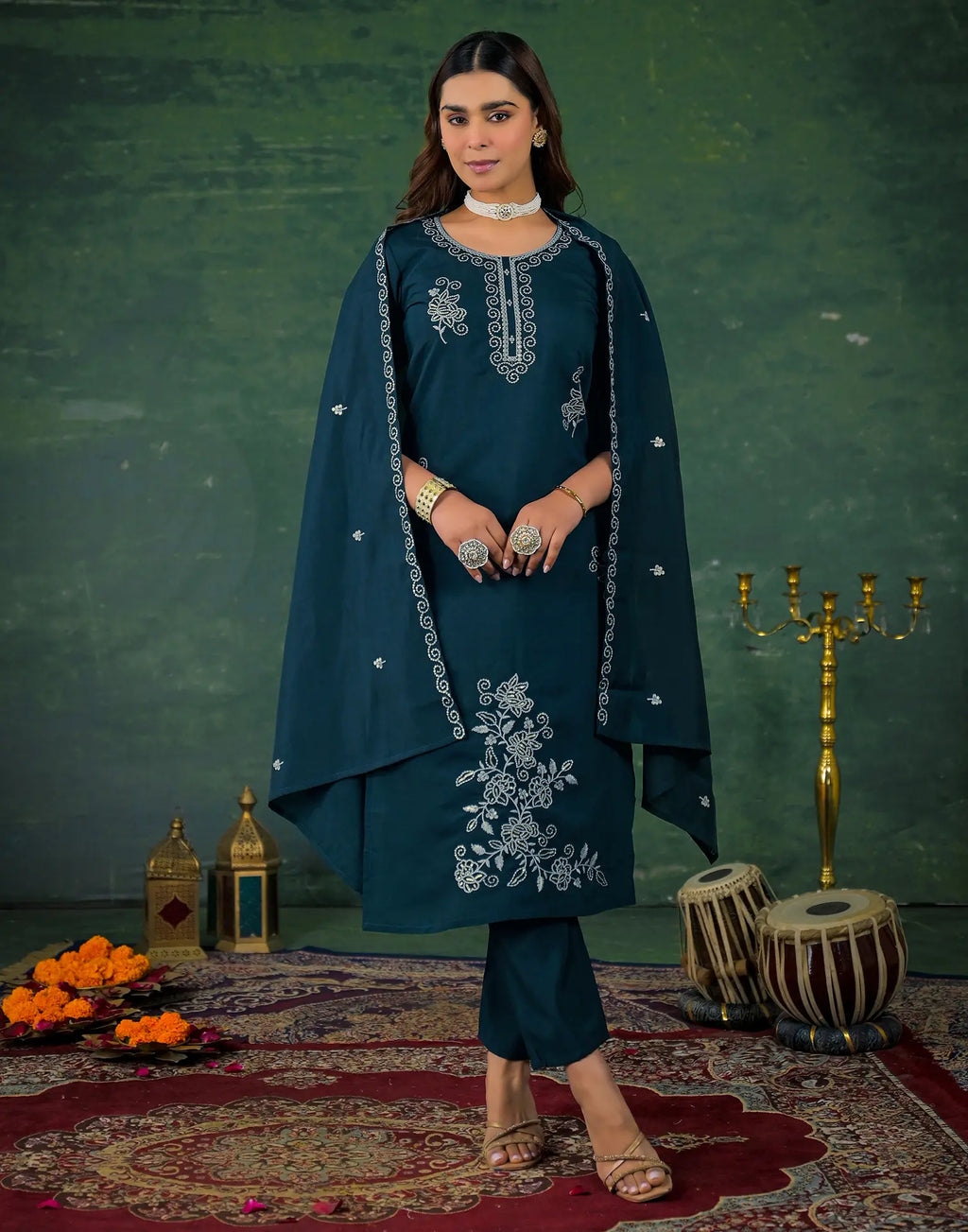 Silk Sequins Work Straight 3 Piece Kurta Set