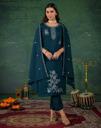 Silk Sequins Work Straight 3 Piece Kurta Set