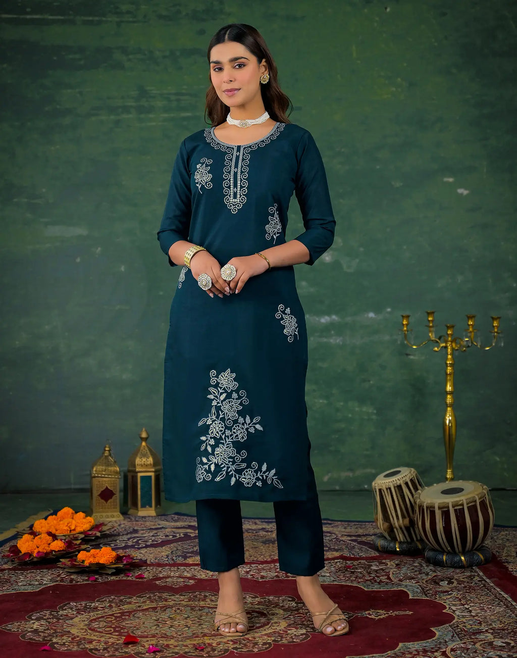 Silk Sequins Work Straight 3 Piece Kurta Set
