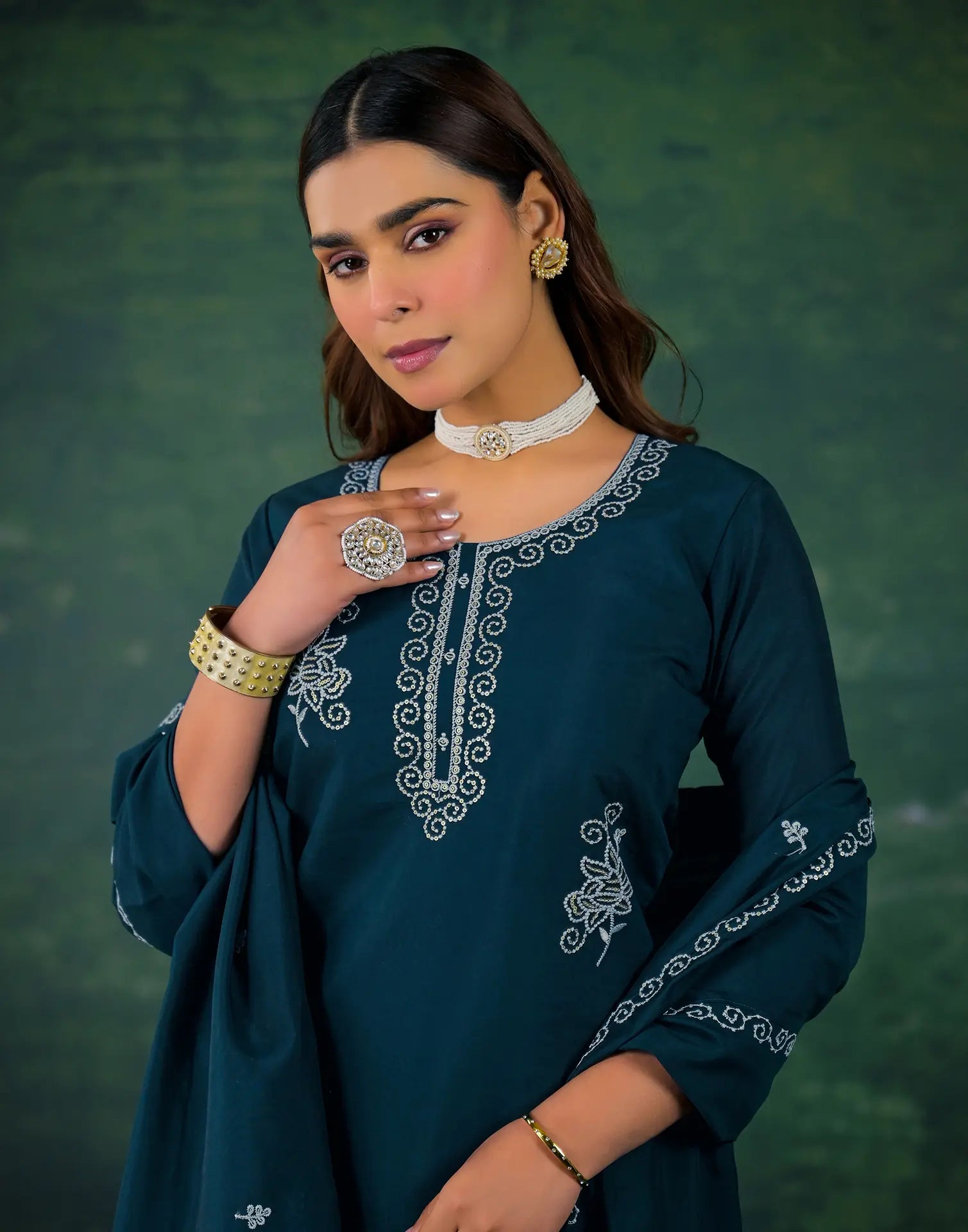Silk Sequins Work Straight 3 Piece Kurta Set