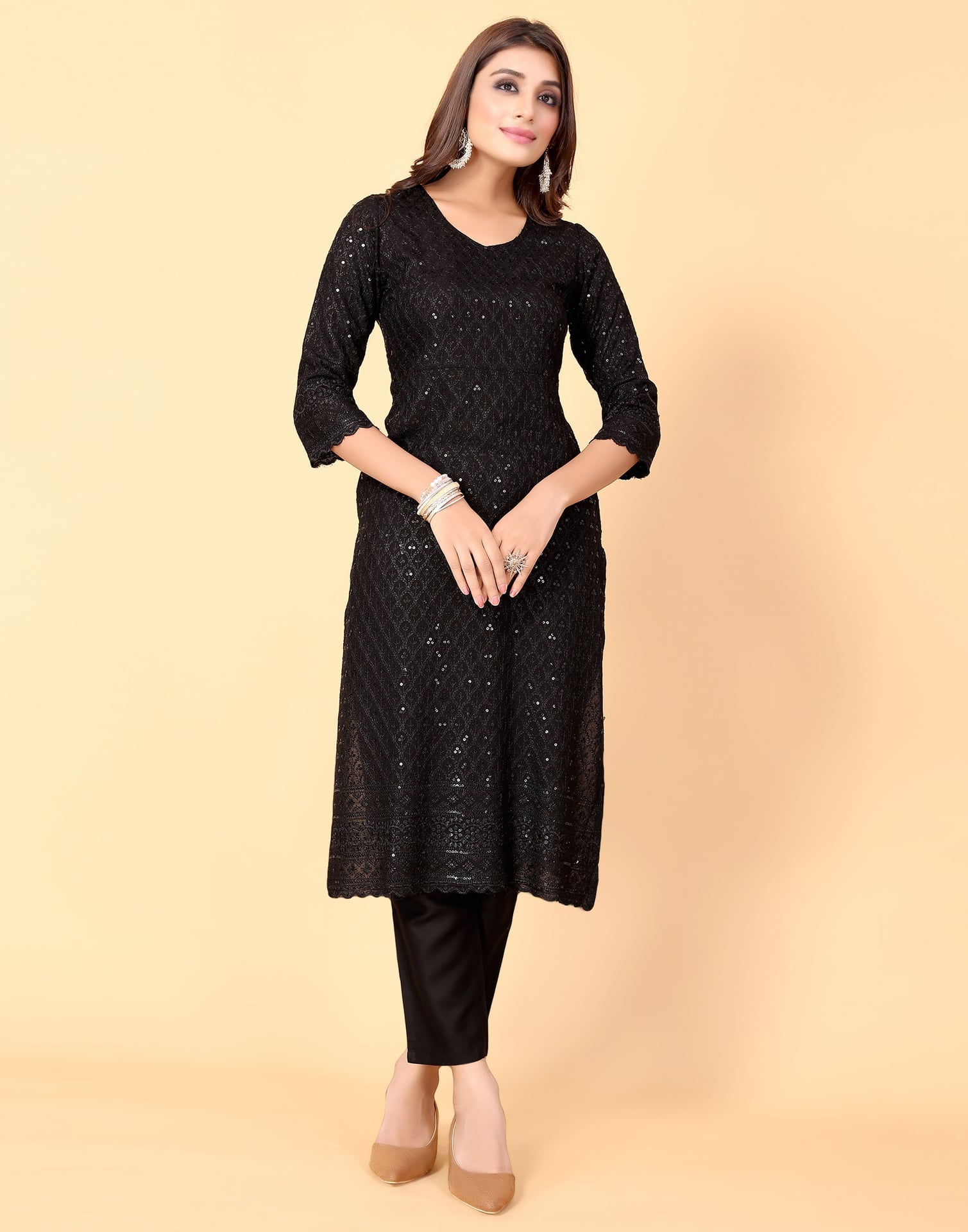 Black Rayon Straight Kurta Set with Sequence Embroidery under 1000