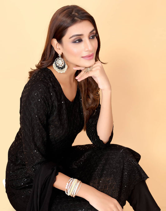 Black Rayon Straight Kurta Set with Sequence Embroidery under 1000