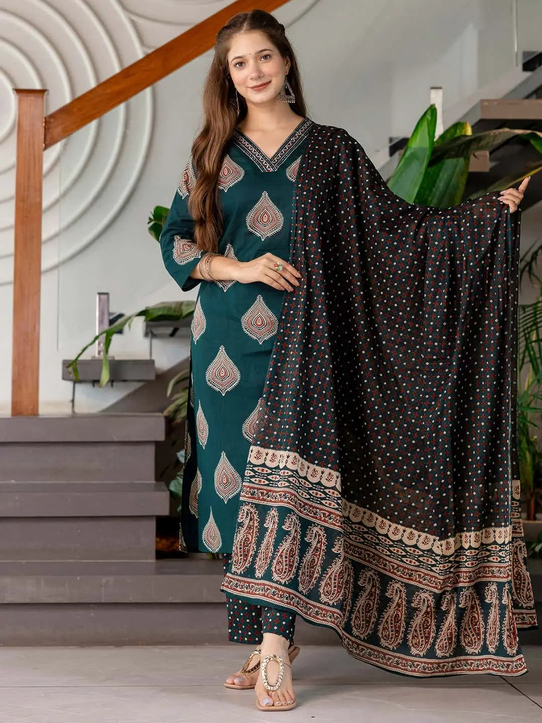 Affordable Cotton Printed V-Neck Kurta Set with Pant & Dupatta for Women under 999