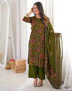 Moss Green Round Neck Printed Straight 3 Piece Kurta Set with Dupatta