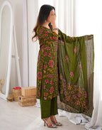 Moss Green Round Neck Printed Straight 3 Piece Kurta Set with Dupatta