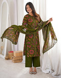 Moss Green Round Neck Printed Straight 3 Piece Kurta Set with Dupatta